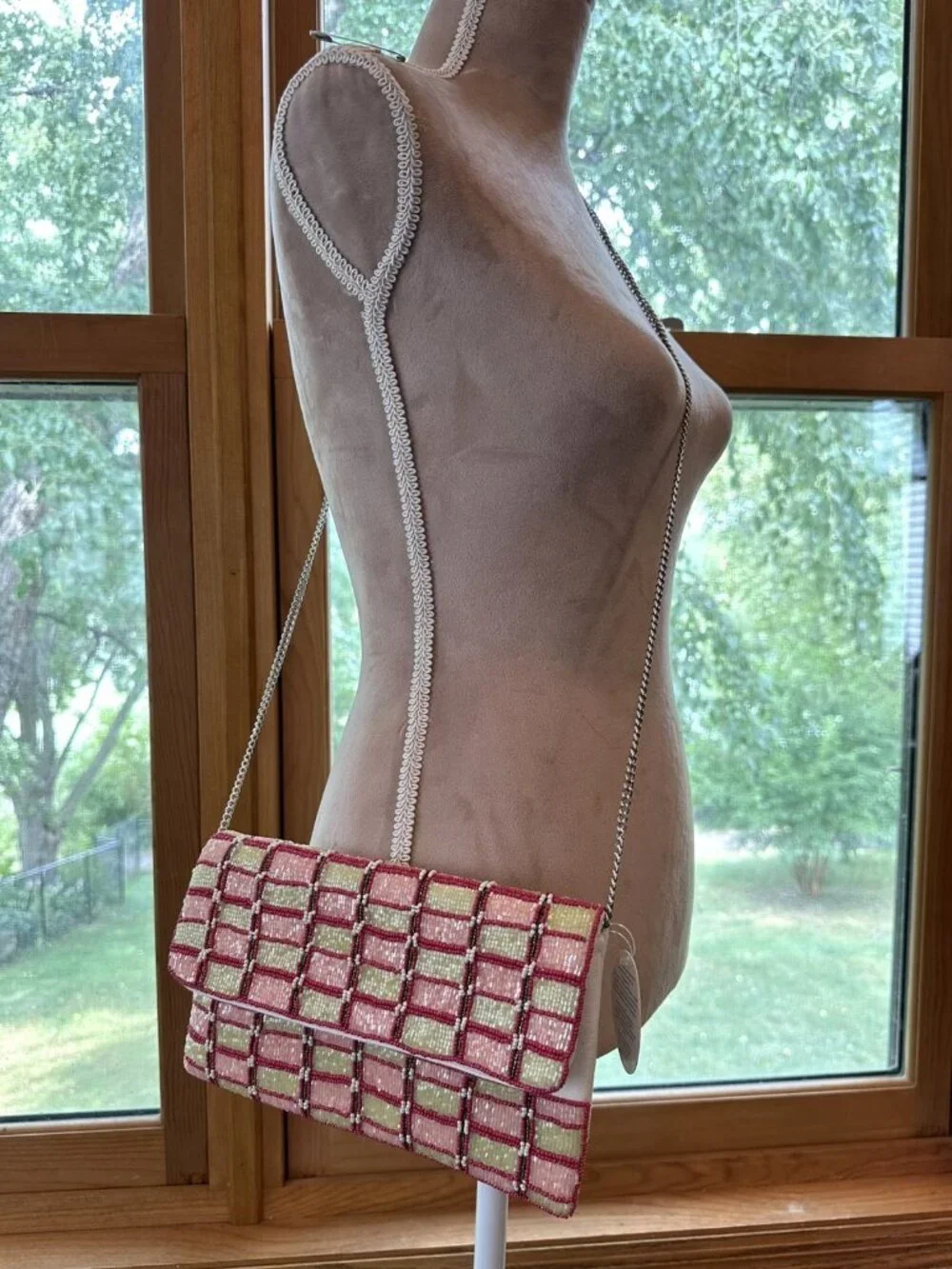 NWT/New LCD La Chic Designs Beaded Plaid Clutch Crossbody Bag Pink Green